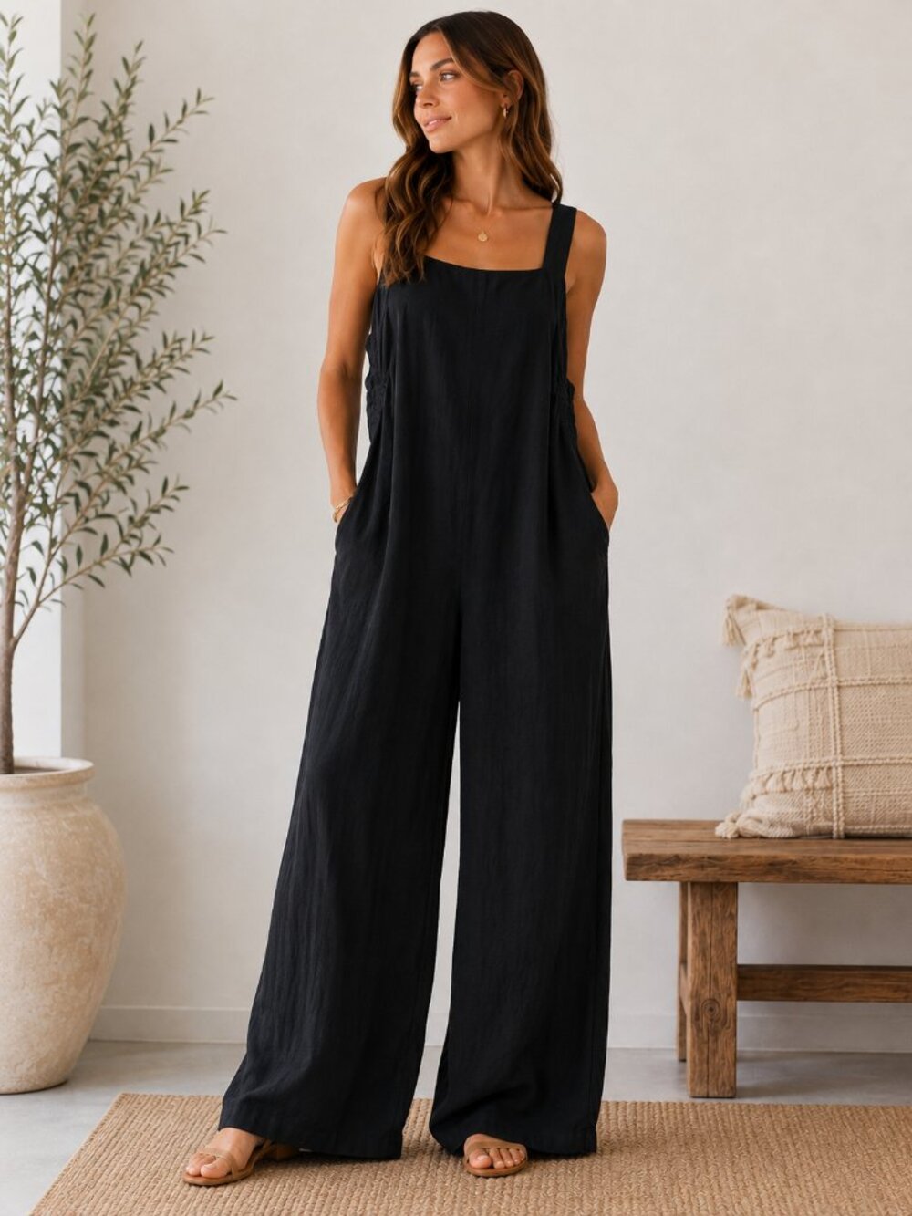 Halston Black Linen Blend Wide Leg Jumpsuit Women's Size 6 Sleeveless 1296